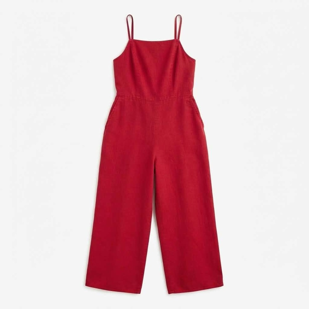 Old Navy Womens Red Linen Blend Wide Leg Cropped Jumpsuit Size M Smocked Back